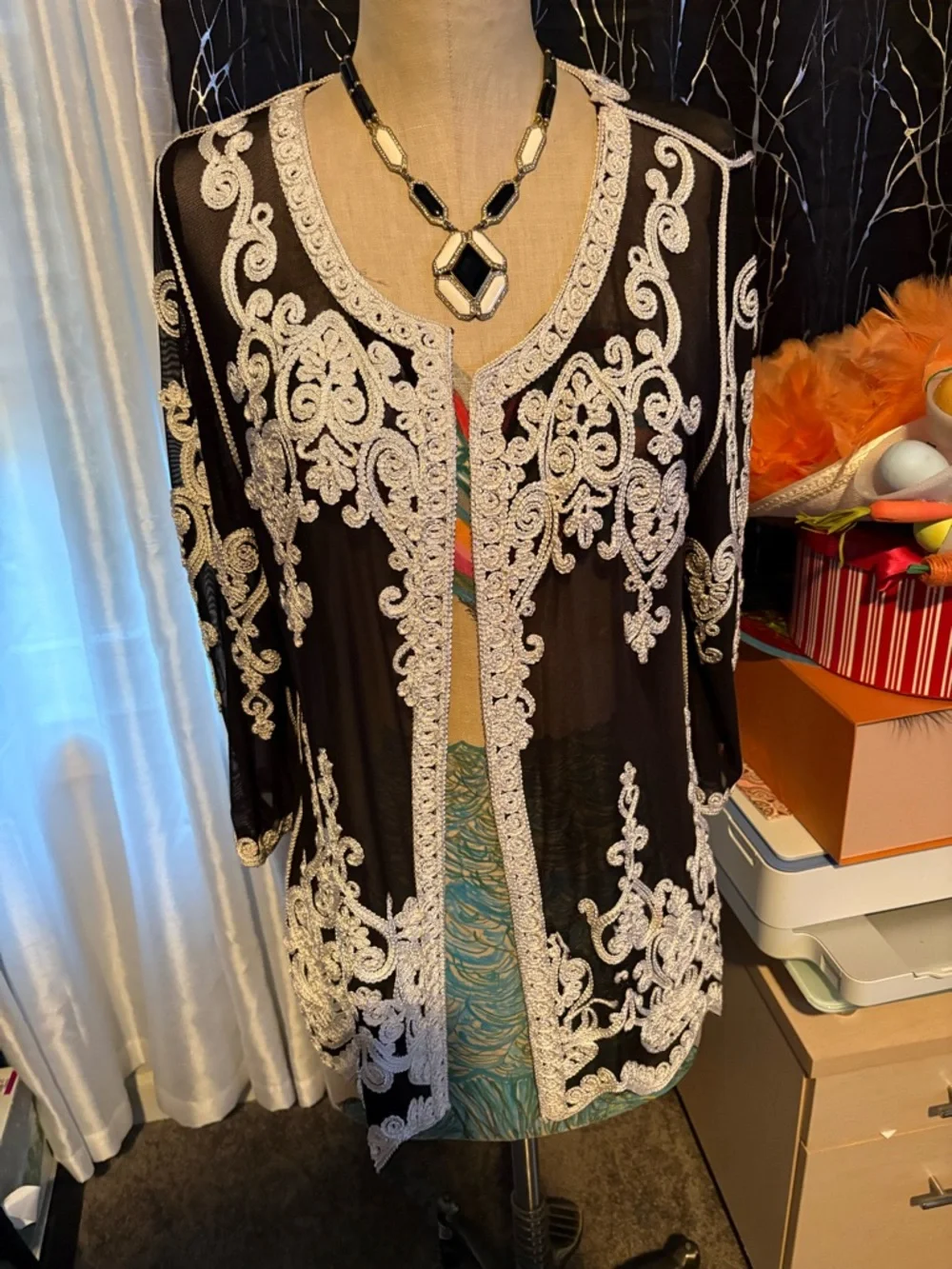 Sheer Black Embroidered open cardigan with White ribbon Lace Detail - Picture 1 of 13